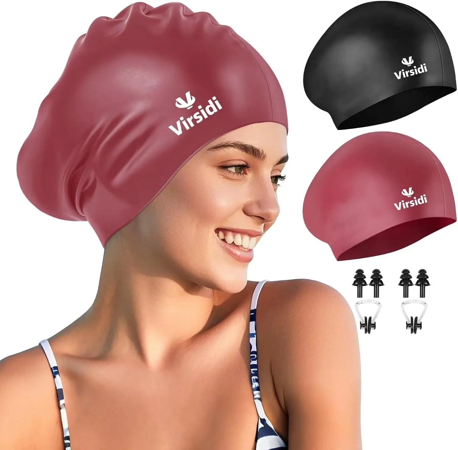 

2 Pack Large Swim Caps for Long Hair, Silicone Swimming Cap for Adult Women Men, Waterproof Swim Hats with Bonus Nose Clip and