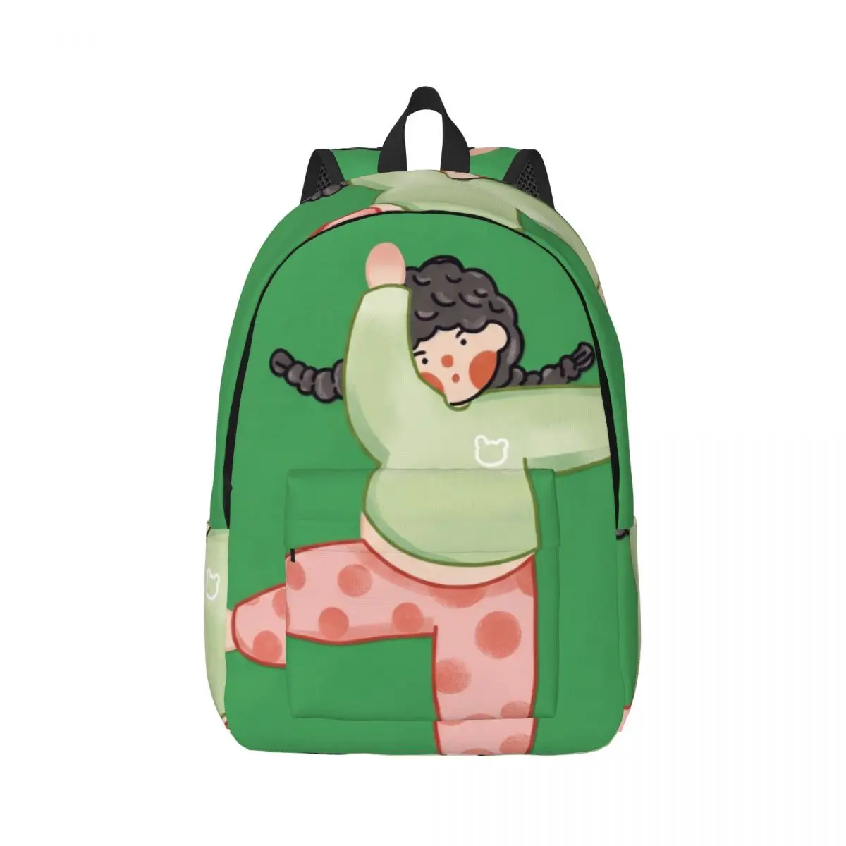 Cute Student Backpack Center Dancing Person Whimsical Illustration Vibrant Green Multi Color Printed Bookbag with Pockets Office