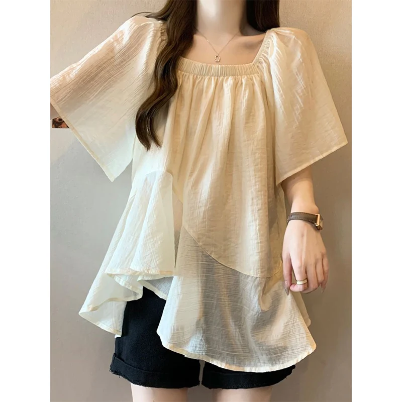 French Style Irregular Super Fairy Short Sleeves Cotton Linen Shirt for Women\'s Summer New Loose Slimming Belly Covering Top