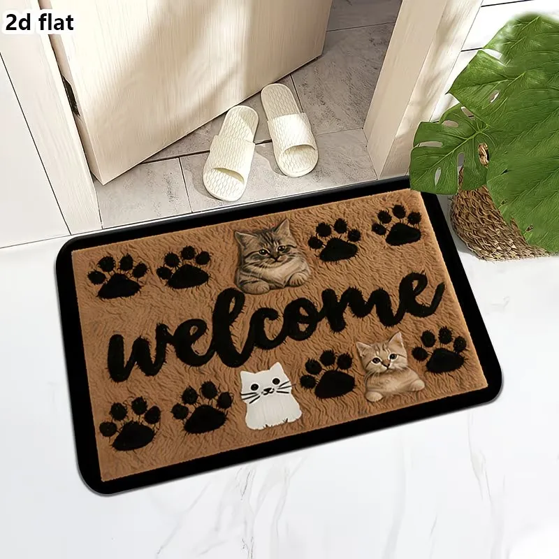 Cute Cats Welcome Doormat Kitten Paw Prints Floor Rug Non Slip Entrance Mat Indoor Outdoor Kitchen Area Carpet Decor