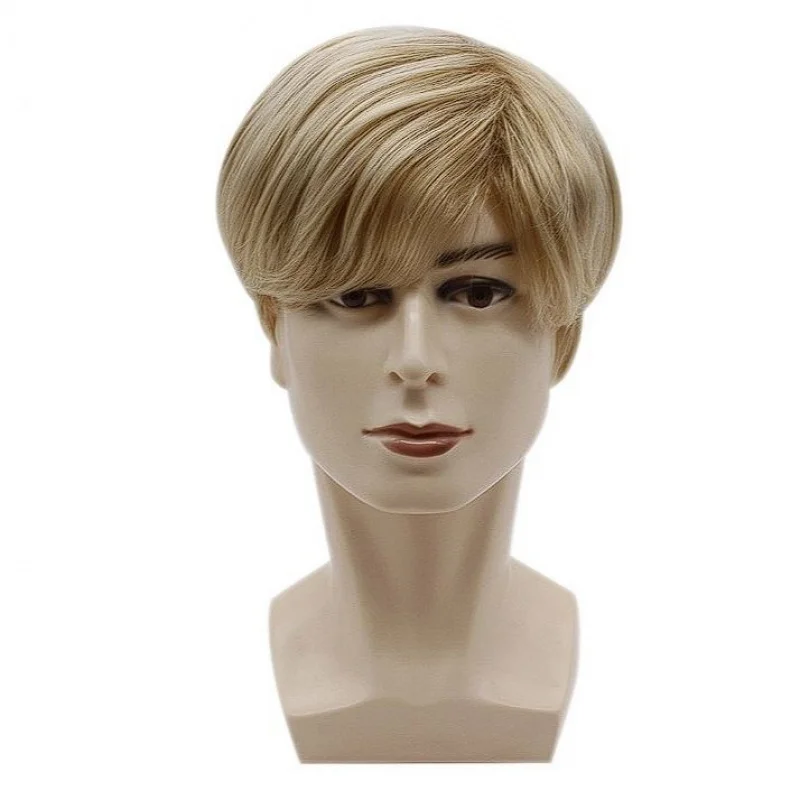 

Men's Wig Curly Slanted Bangs Light Golden Short Hair Wig+Wig Cap