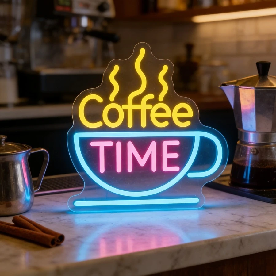 Coffee Time Cup Neon Sign Dimmable LED Neon Light for Coffee Shop Cafe Bakery Breakfast Bar Kitchen Counter Home Office Decor
