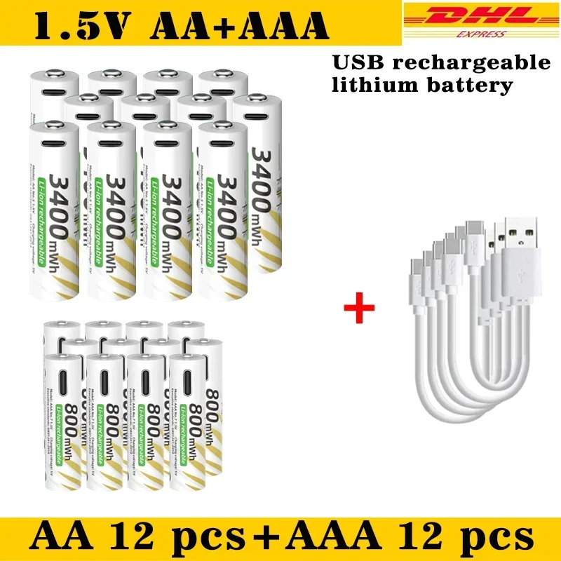 

Rechargeable Lithium Battery Set 1.5V AA 3400mWh + AAA 800mWh with USB-C Fast Charging Type C Cable Air Transport