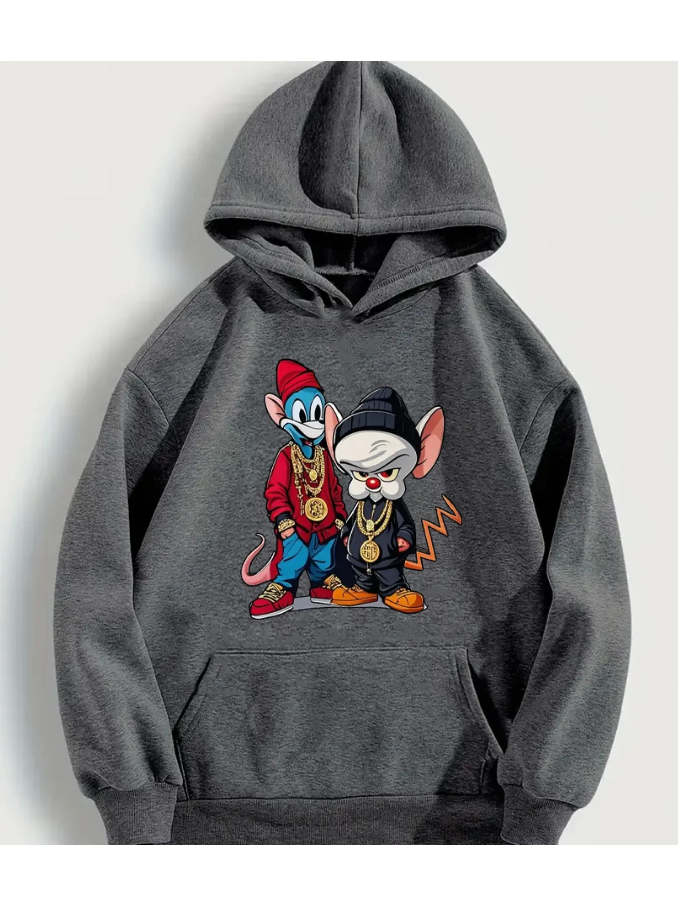 سويت شيرت بقلنسوة بطبعة حيوانات كرتونية للرجال، بلوفر فضفاض بنسبة 50% من البوليستر على طراز الشارع مع جيوب #2