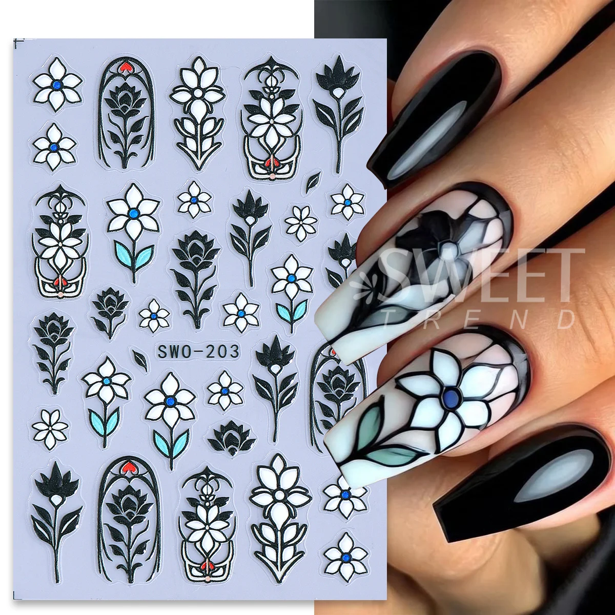 2pcs Vintage Black Window Matte Nail Sticker 3D Stained Glass Flowers Totem Adhesive Decal Elegant Retro Geometry Manicure Tips