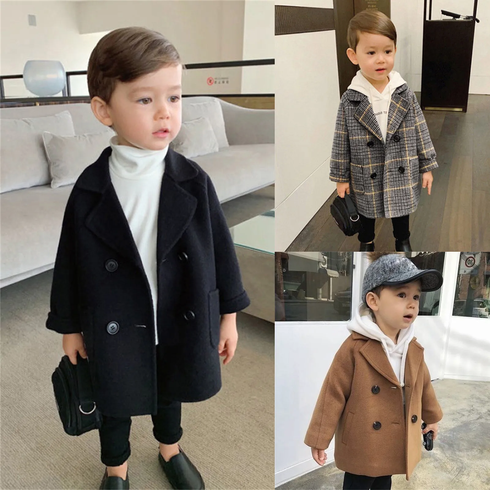 Leisure Baby Notched Breasted Plaid Coats Boys Trench Kids Elegant Double Wool Collar Jacket Coat