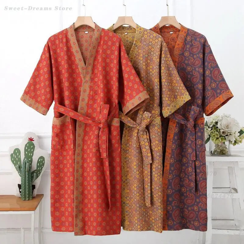 

Cotton Couple Sleepwear Kimono Bathrobe Gown Retro Jacquard Half Sleeve Robe Nightgown Spring New Loose Loungewear Home Clothes