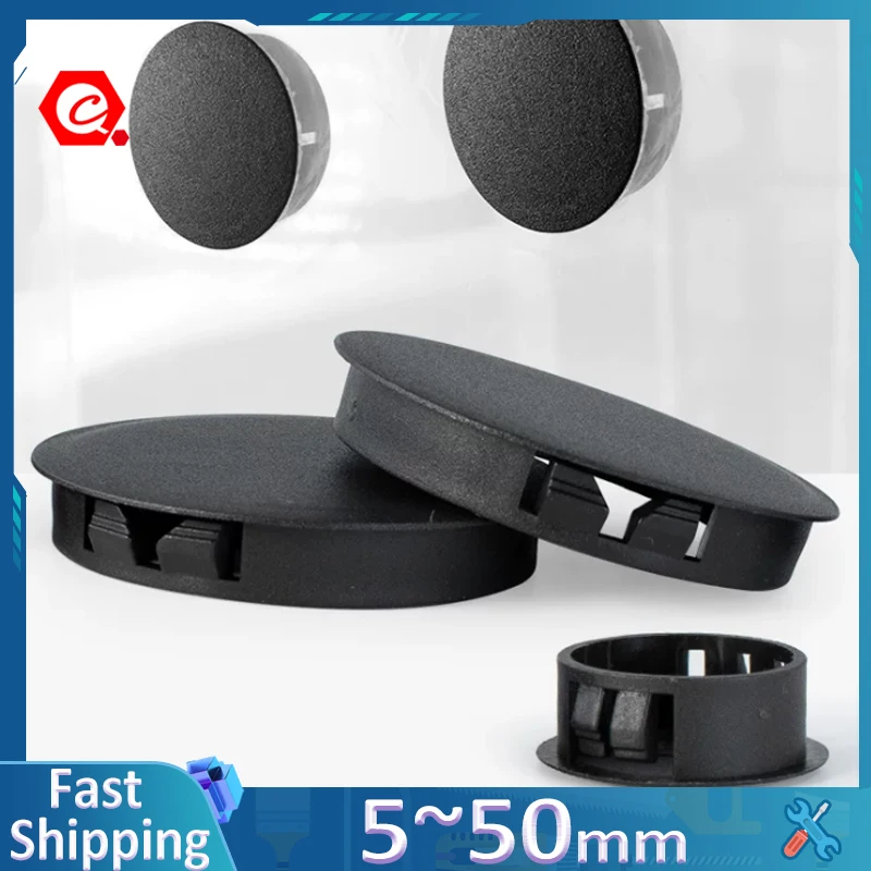 Tampas de Plástico Pretas para Furos de 5~50mm, Redondas, Decorativas, Protetoras contra Poeira, com Fivela de Nylon