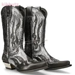 Cowboy Flame Knee Boots Pointed Toe Metal Square Heel Slip-On Mixed Color Fashion Luxury Sexy Women Shoes Newest Genuine Leather