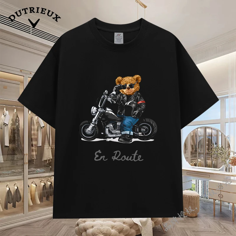 2024 New Luxury Bear Short Sleeved Men's and Women's Loose 230g Fabric weight Cotton Versatile Round Neck Breathable Inner Layup