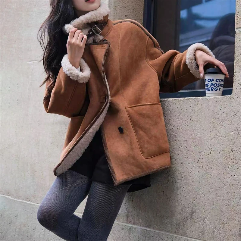 

Новое зимнее женское пальто из искусственного замши, модное повседневное свободное пальто высокого качества с лацканами, ветрозащитное теплое кожаное пальто с мехом