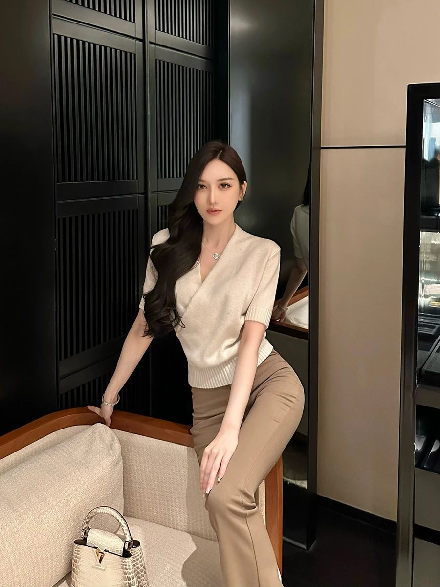 

00% Wool Knitted Base irt Cross V-Ne Mid-Sve Women's Slim Fit Versatile Asymmetrical Elegance Top Commute Sle