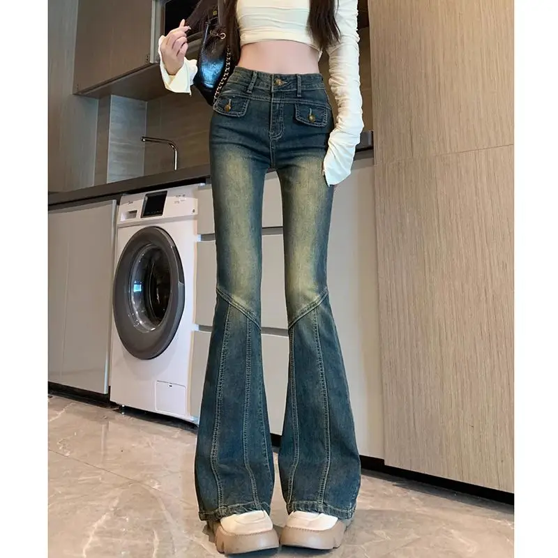 

Vintage Blue Flare Jeans For Women Autumn 2024 New Fashion Streetwear Chic Streetwear Full Length High Waisted Jeans