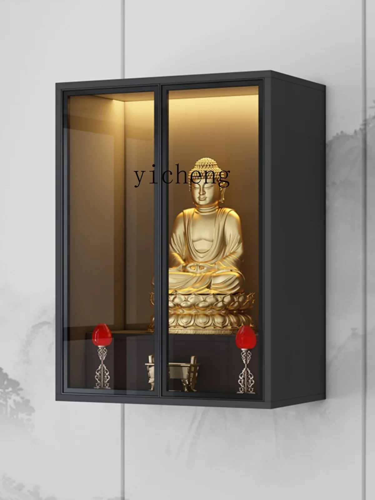 ZZ الحائط بوذا ضريح مذبح مذبح خزانة المنزل طاولة العبادة إله الثروة بوذا ضريح #3