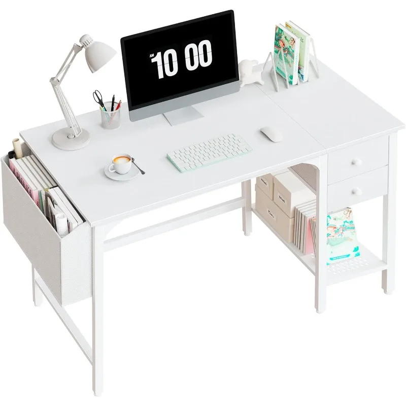 White Small Desk with Drawers - 40 Inch Computer Desk for Small Space Home Office, Modern Simple Study Writing Table PC Desks