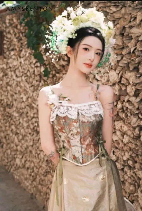 

2025 Summer New French Retro Palace Floral Lace-up Fishbone Corset Lace Trim Camisole Jacquard Wearable Inside and Out Top