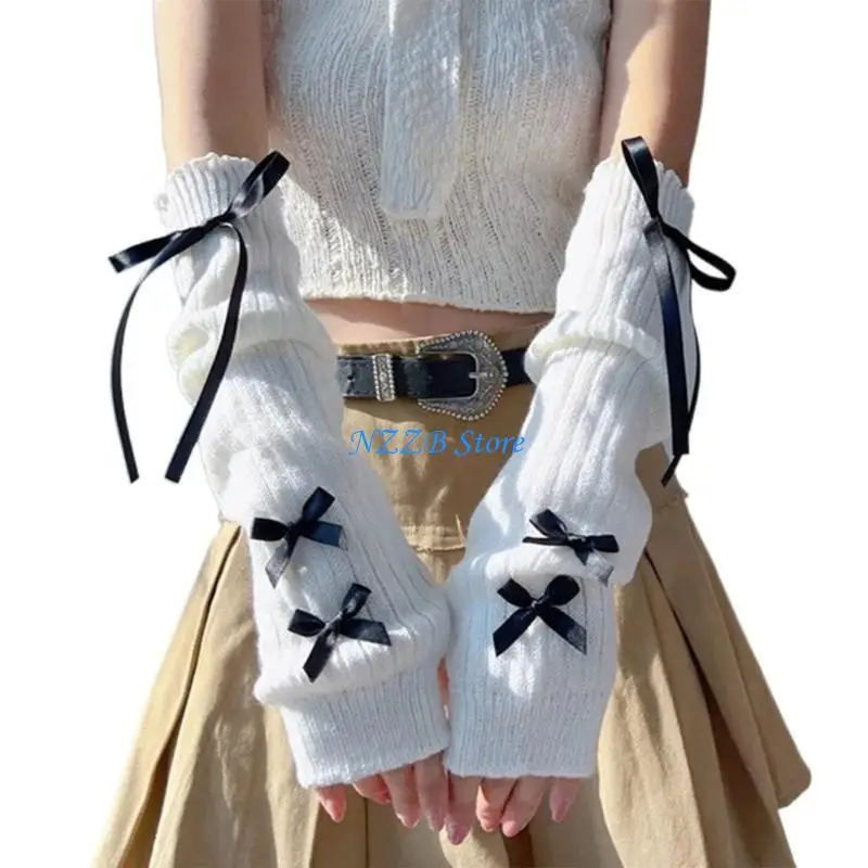 

T21F 2000s Half Finger Mittens Arm Sleeves Knitted Bowknot Arm Gloves for Various Event
