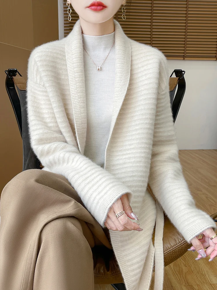 

Women Turn-down Collar Mid-Long Wool Cardigan Loose Long Sleeve Sweater Spring Autumn Basic Clothes 100% Merino Wool Knitwear