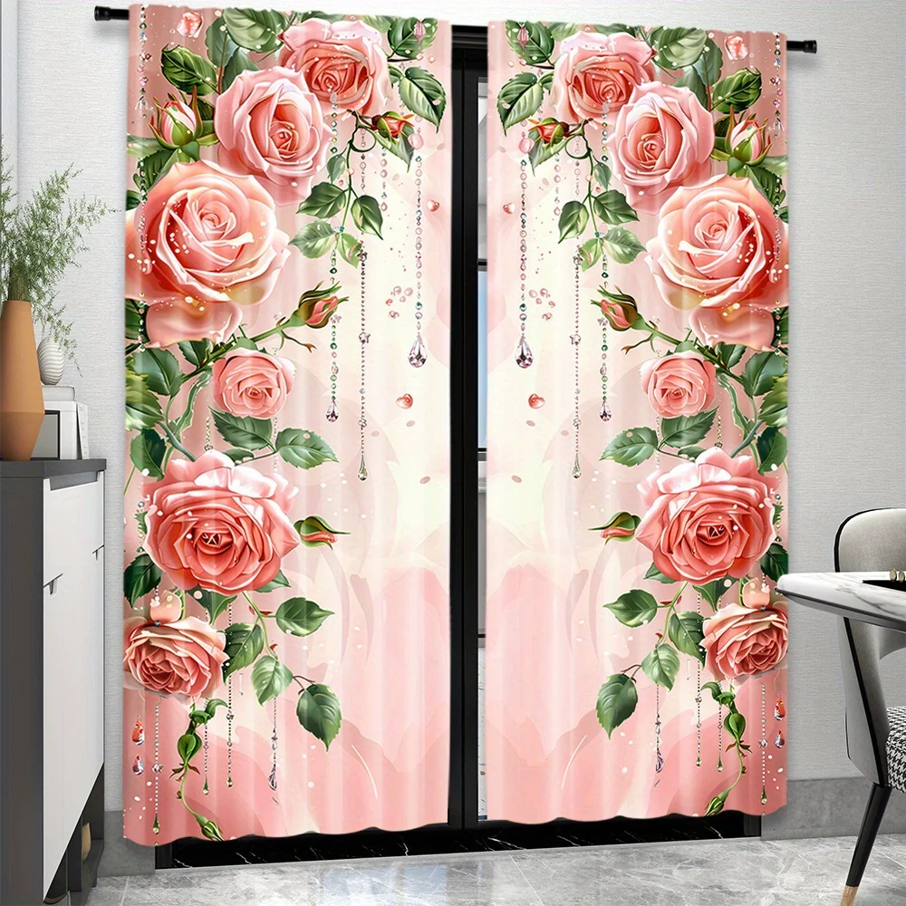Elegant Pink Rose Floral Curtains Polyester Waterproof Window Panels Romantic Cottagecore Style Summer Decorative Curtain Divide