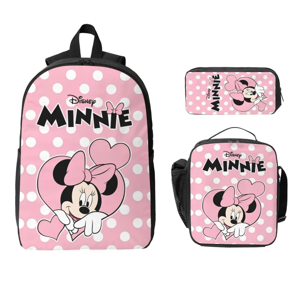 

Pink Heart Minnie Mouse Kids Backpack Lunch Box Pencil Boxes for Boys Girls Preschool Backpacks Schoolbag Bookbag Set