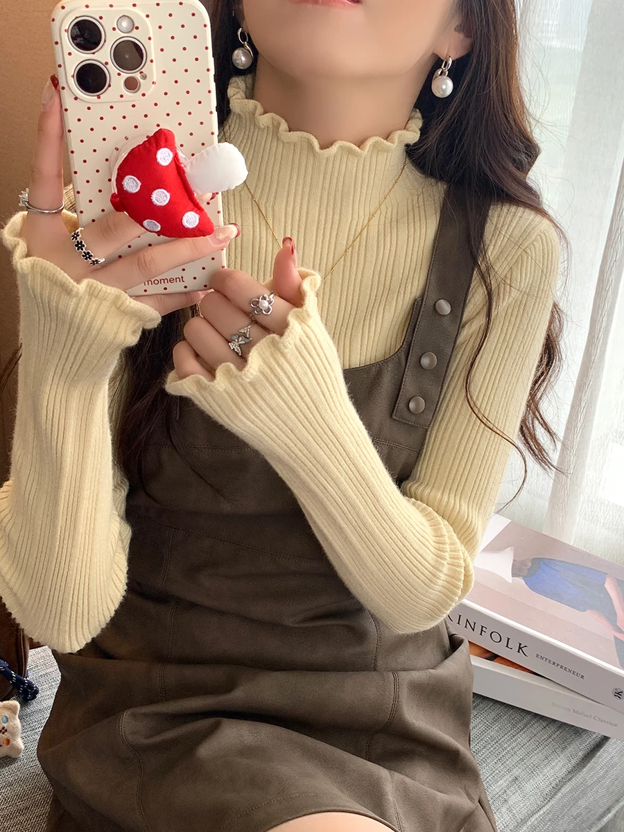 2025 Tops suaves de manga larga para mujer, jerséis de punto con cuello alto para otoño e invierno, suéter fruncido versátil informal, Top de capa Base delgada