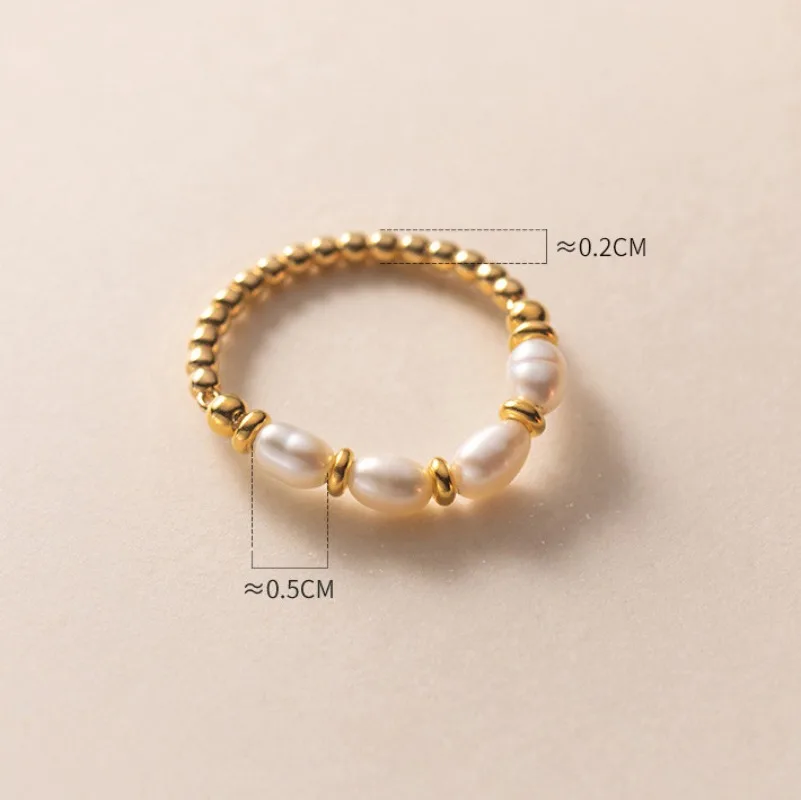 Minar Textured Rice Freshwater Pearl Copper Bead Strand Elastic Wedding Bands for Women 14K Gold Silver Plated Finger Rings