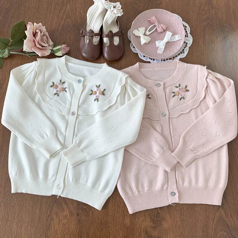 1-7Yrs Kids Sweater Fashion Petals Collar Knitted Cardigan Jacket Baby Sweater Coat Girls Cardigan Girls Embroidery Sweaters