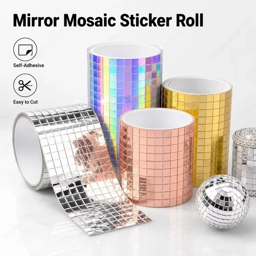 4x100cm Mosaic Mirror Wall Sticker 3D Visual Reflective Mirror Surface Self Adhesive Mosaic Stickers DIY Decorative Wall Decals