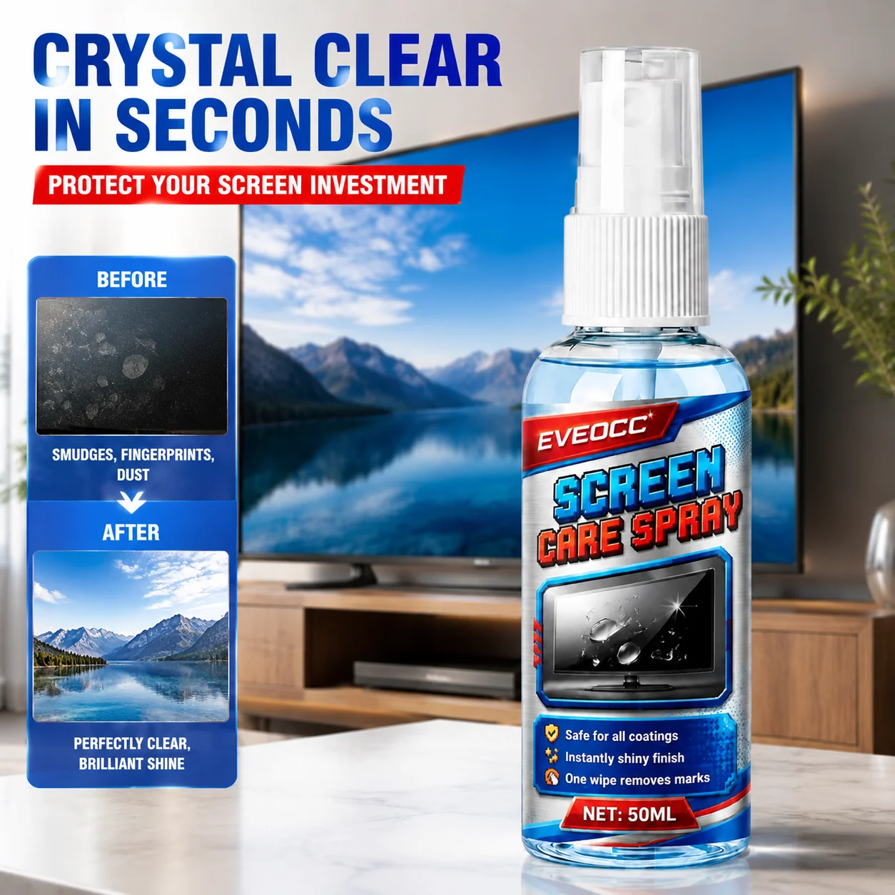 Portable 50ml Screen Care Spray, Instant Shiny Effect Smudge Removing Cleaner for Smartphones Laptops and Displays