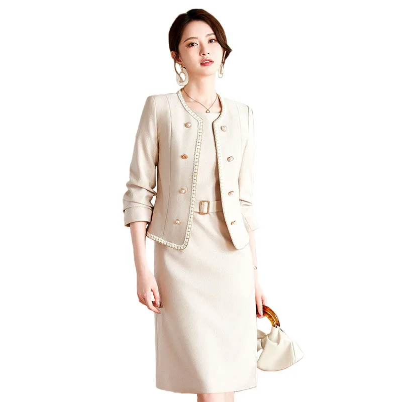 Autumn Winter Women Fashion Suits Apricot Pink Office Lady Long Sleeve Blazers Short Coat And Knee Length Dress Two Piece Sets