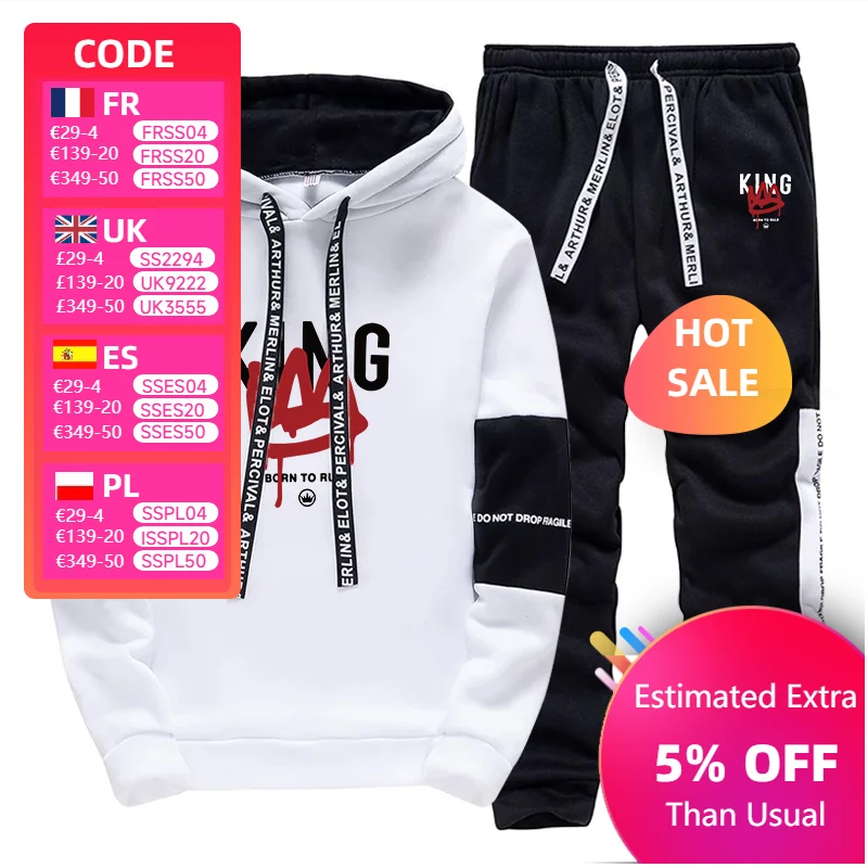 

King Printing Mens Tracksuit Casual Hoodies Outifis Jogging Sweatshirts+Sweatpants 2 Pcs Set Daily Hot Sales Street Mens Suit