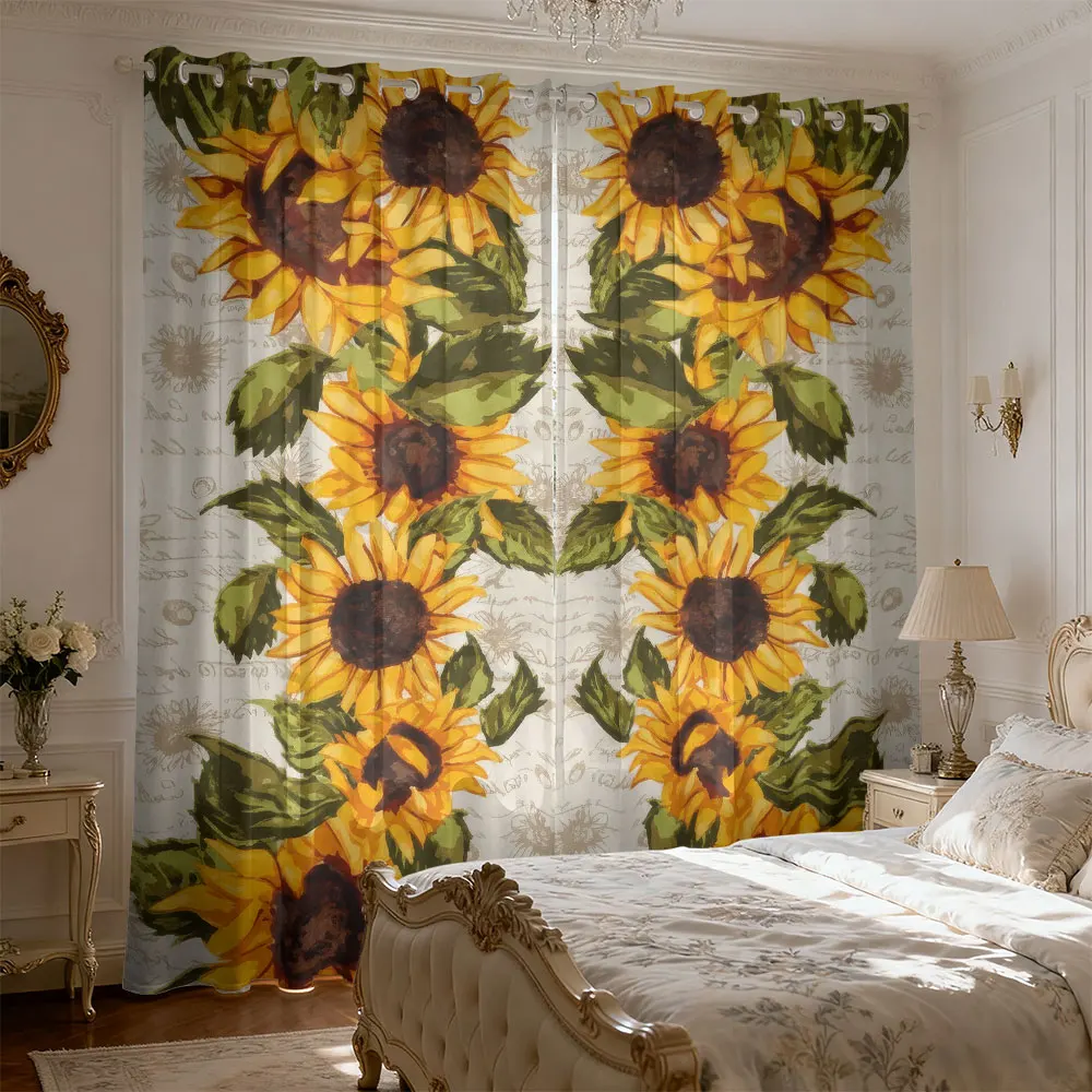 2pcs retro hand-painted sunflower symmetrical print patterns living room and bedroom, used for shading and privacy decoration