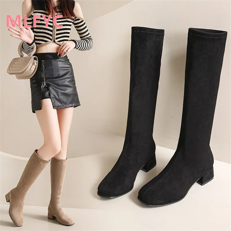 Knee length elastic boots long boots women's winter thick heels high heels new square toe boots long legs high boots