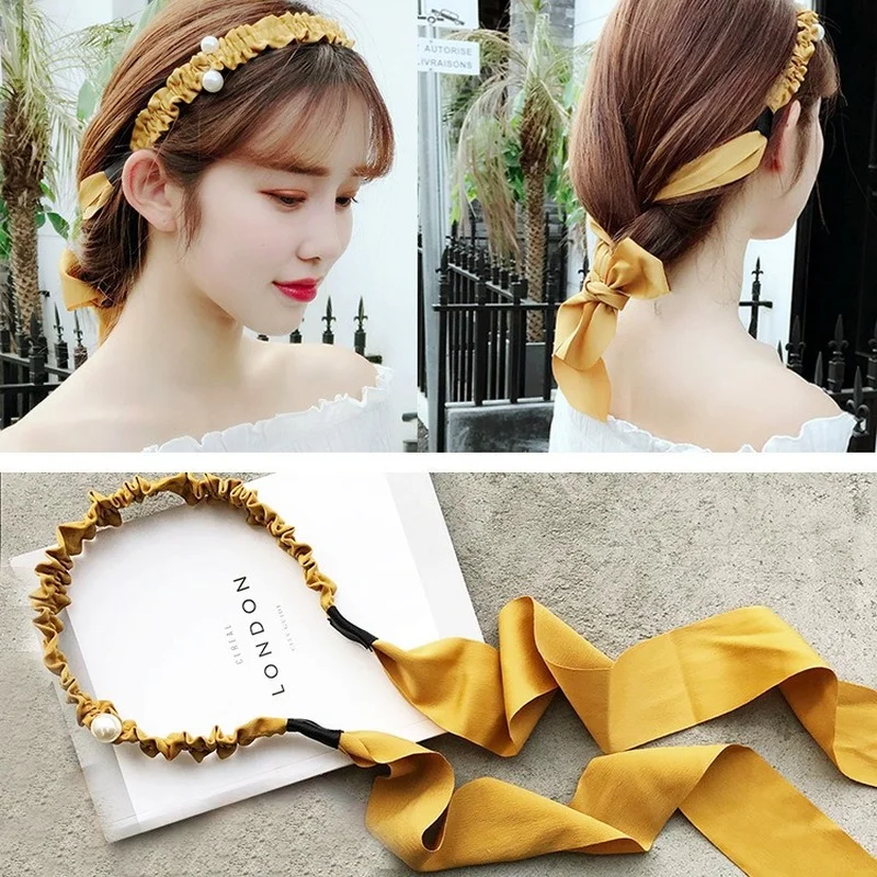 Fashion Long Ribbon Pleated Headbands Solid Tie Ponytail Bow Pearl Hairbands for Women Girls Bezel Hair Hoops Hair Accessories