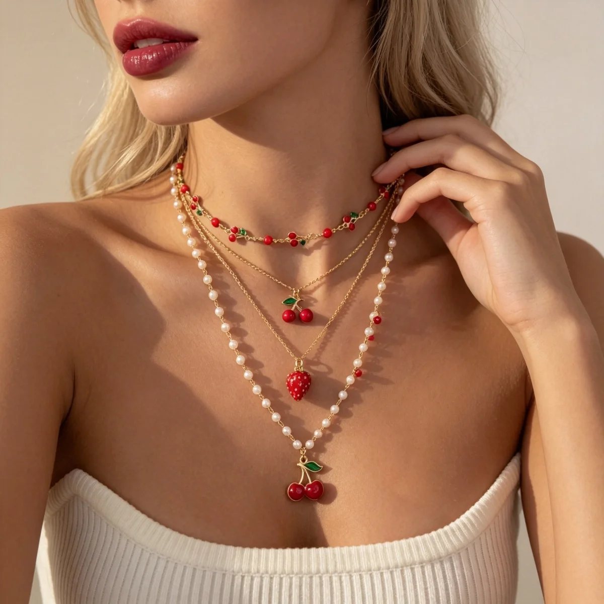 Rote Kirsche Erdbeer-Simulationsperlen-Halskette für Damen und Herren, mehrschichtig, Keramikblume, Schleife, Herz, Baum, Choker, Hochzeitsschmuck – Detail 14