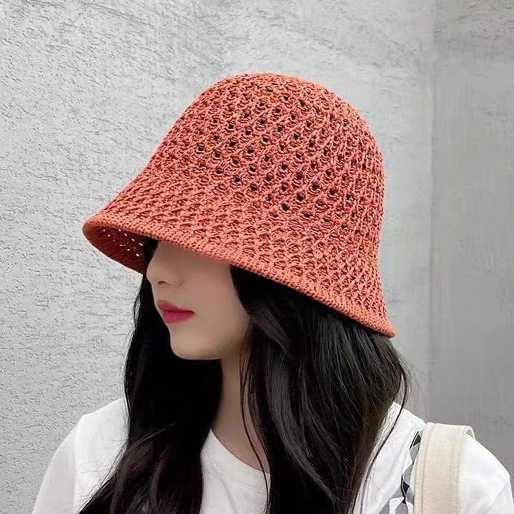 Summer Handmade Crochet Floppy Hats Collapsible Dome Bucket Hat Hollow Out Solid Color Beach Caps Simple Soft Women Hat 2024