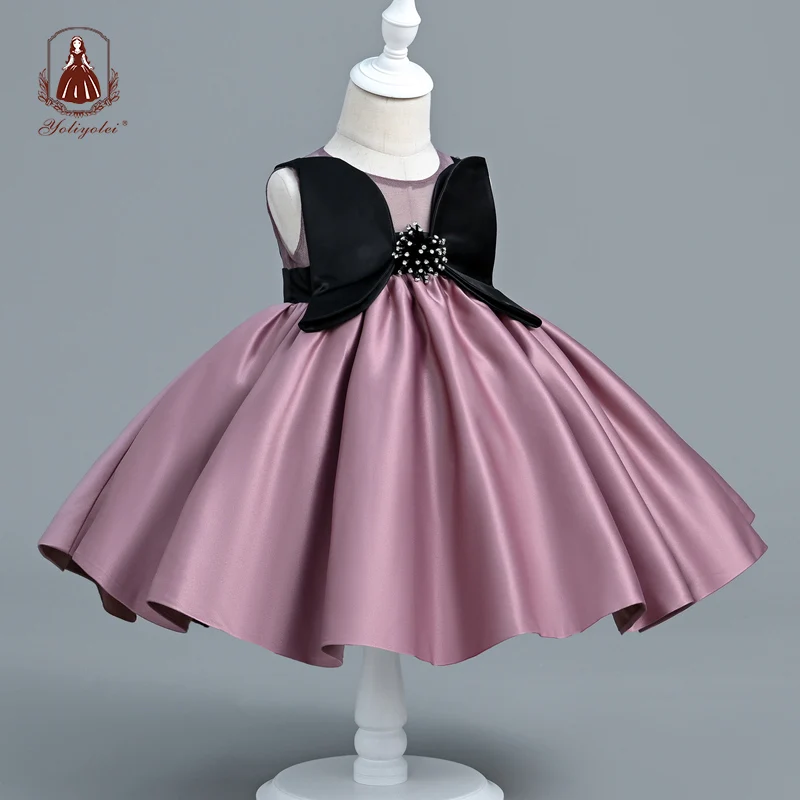 

Yoliyolei Angel Design Satin Dress Ceremony Hollow Out Back Button Closure Toddler Kids Ball Gown Sleeveless Child Wedding Dress