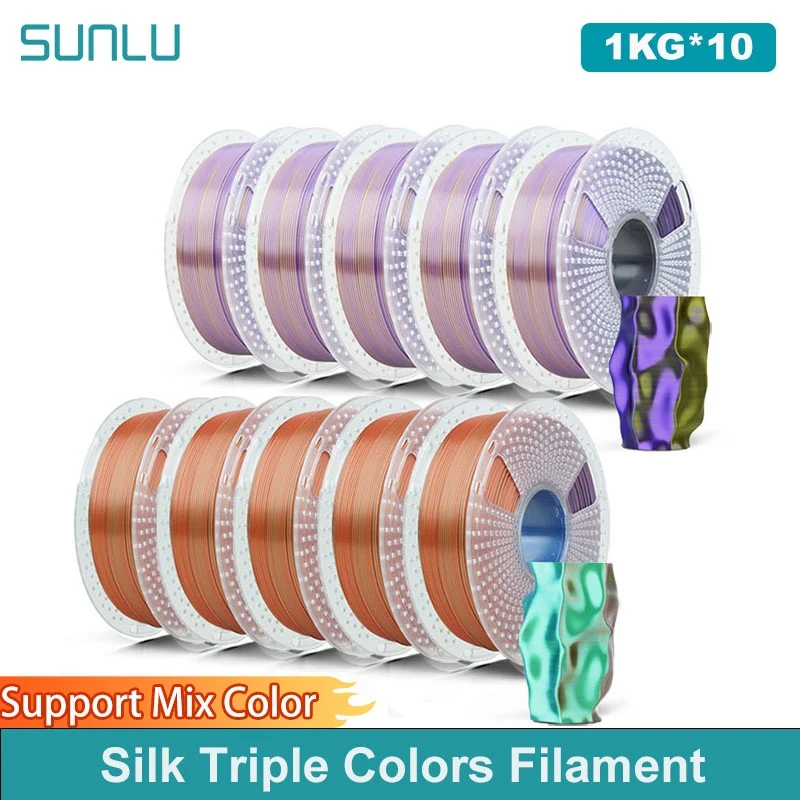 

SUNLU 10KG Silk PLA Plus Triple Colors Filament 1KG 1.75mm Pla+ Rabinbow Triple Colors Neatly Wound 3D Filament for 3D Printer
