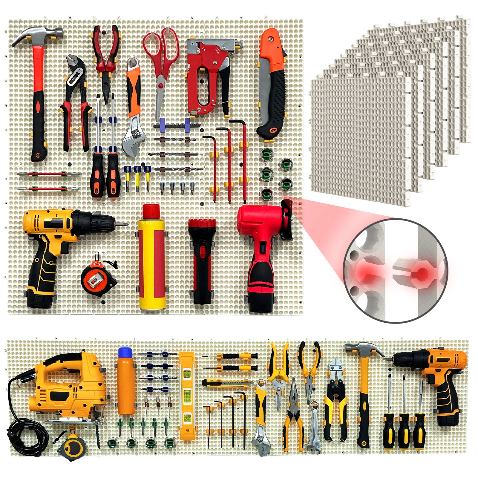 Plastic Pegboard wall storage kit, 6panels white 40 x 91cm, 200accessories, hooks, clips, and boxes, modular tool storage board