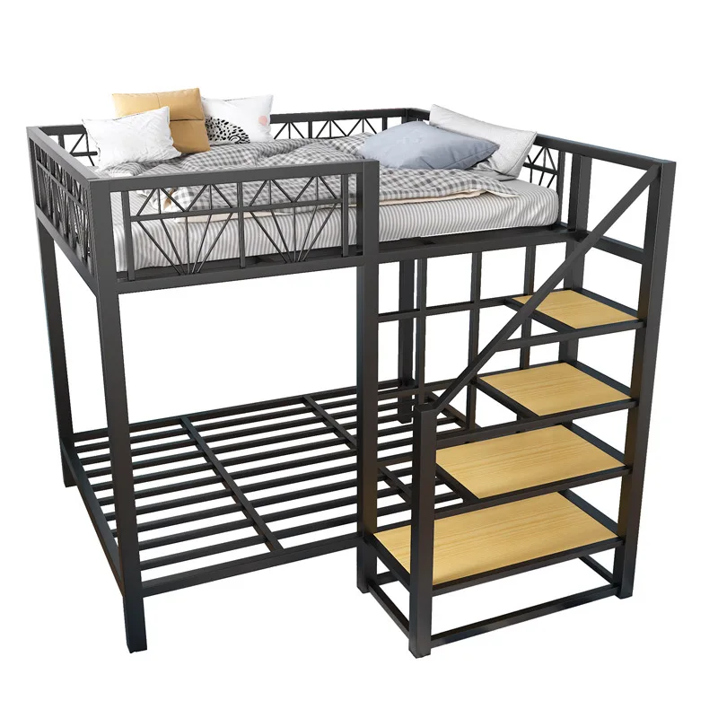 

Wrought iron elevated bed empty single upper double-layer small apartment space-saving attic bunk