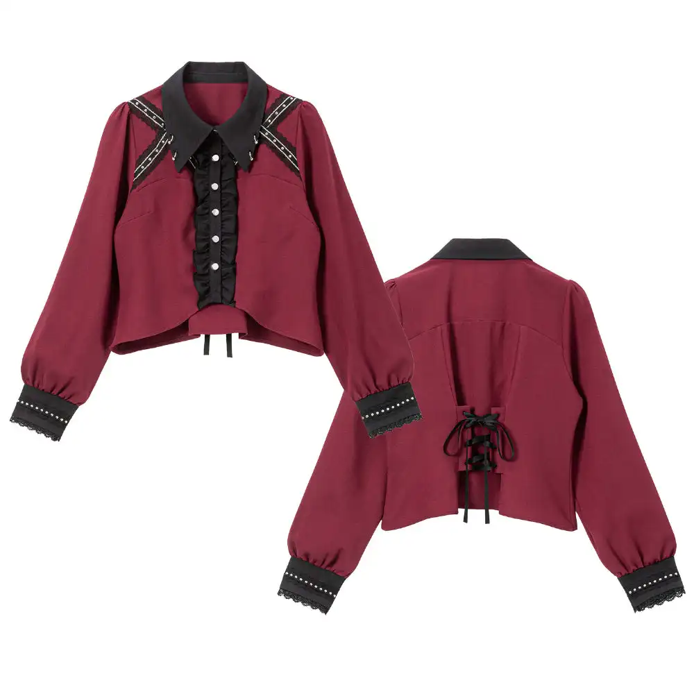 Japanese Mine Style Mass-produced Polo Collar Long Sleeve Ruffles Single-breasted Back Lace-up Slim Fit Sweet Shirt Top Women