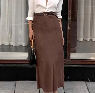 Outono e inverno retro nova moda de malha fosco marrom fino ajuste cintura alta saia tubo reto elegante meia saia feminina