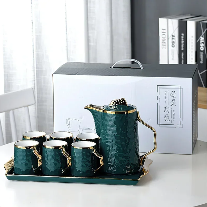 Coffee Set Porcelain Green 1Pot 6Cups 1Tray Phnom Tea Set Handle Ceramic Coffee Teapot Mug Coffeeware Wedding Gift Drinkware