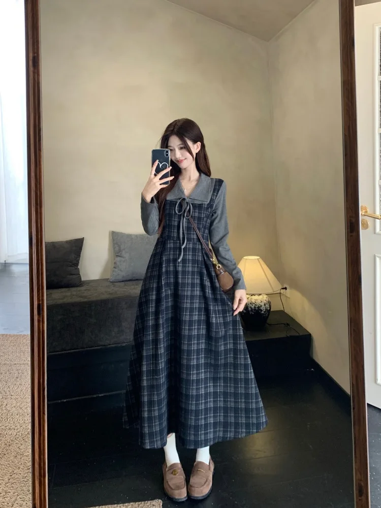 

Женское платье больших размеров в стиле ретро в клетку, осеннее, новое, с эффектом двухслойности, с завязками на талии, стройнящее, с длинными рукавами, с узлом, элегантное