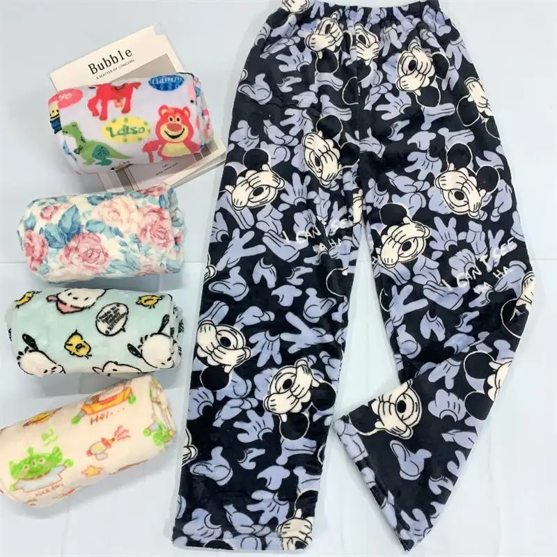 Pantalones informales mullidos de felpa para dormir para mujer, ropa de dormir, pantalones gruesos y cálidos, Hello Kitty, Pochacco