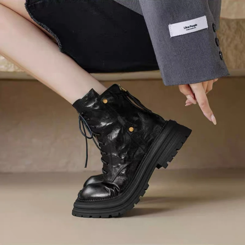 خريف جديد لعام 2025 أحذية جلدية عالية للكاحل أحذية قصيرة متينة برأس مستدير أحذية نسائية عصرية للخروج بجزء سفلي سميك ЖеСы БТНК #5