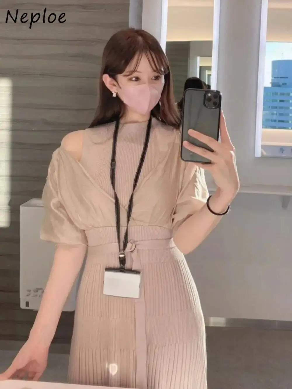 새로운 O 넥 퍼프 슬리브 니트 셔츠 드레스 패치 워크 슬림 벨트 맞춤형 가운 일본 Pleated Literary Off shoulder Mujer