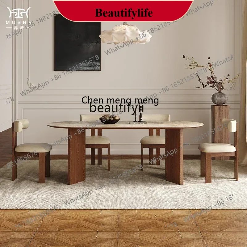 D178   French retro solid wood rock slab dining table and chair combination simple oval designer dining table