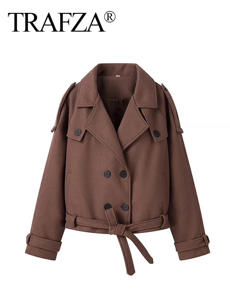 

TRAFZA Women Fashion Coats Brown Turn-Down Collar Long Sleeves Belt Decorate Double Breasted Female Winter Street Style Jacket