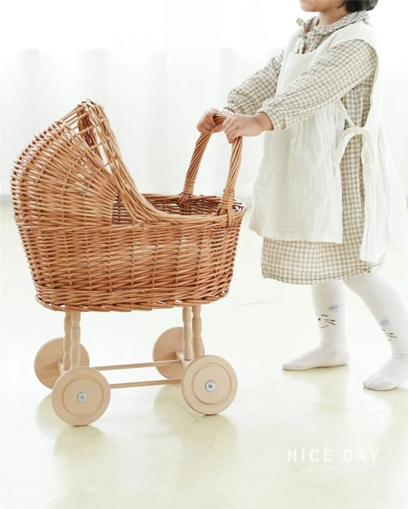 Korean ins kids stroller toysfamily  handmade rattan shopping cart birthday gift